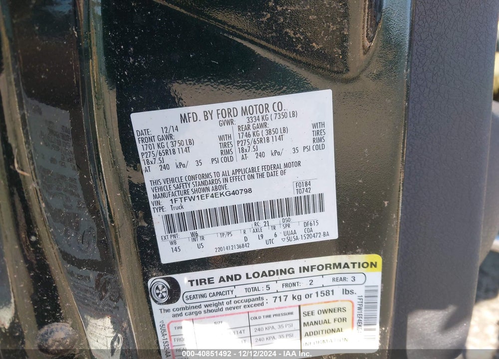2014 FORD F-150 XLT VIN: 1FTFW1EF4EKG40798