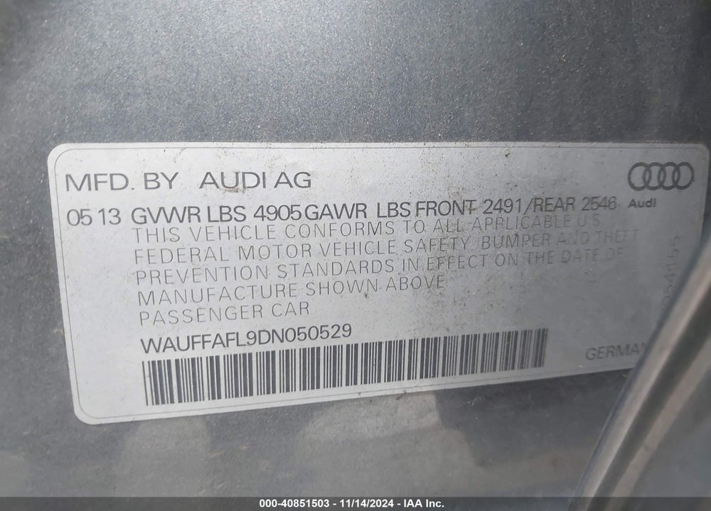 2013 AUDI A4 2.0T PREMIUM VIN: WAUFFAFL9DN050529