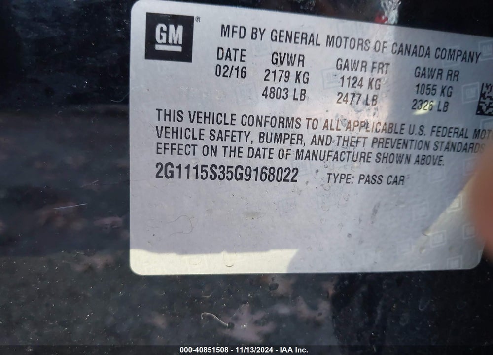 2016 CHEVROLET IMPALA VIN: 2G1115S35G9168022