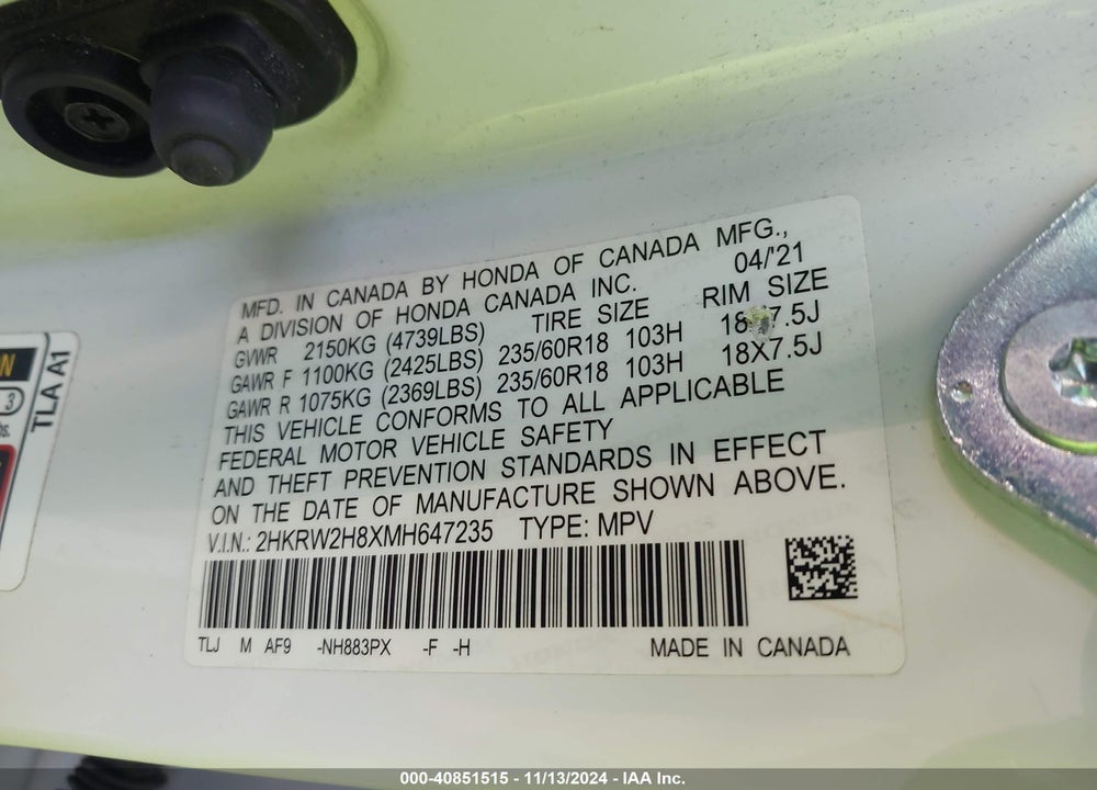 2021 HONDA CR-V AWD EX-L VIN: 2HKRW2H8XMH647235