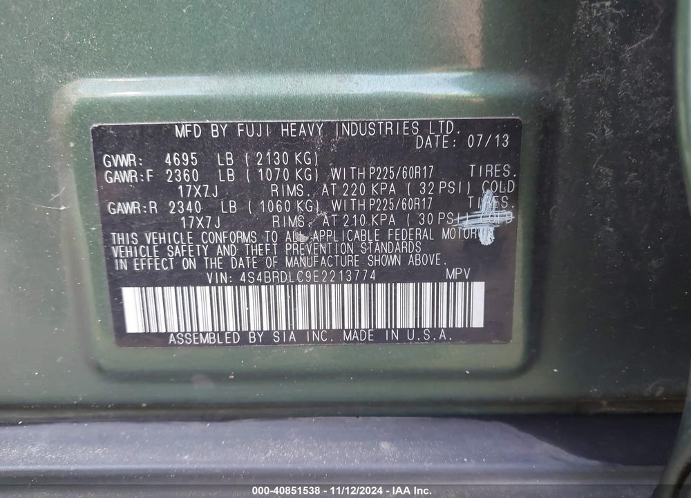 2014 SUBARU OUTBACK 3.6R LIMITED VIN: 4S4BRDLC9E2213774