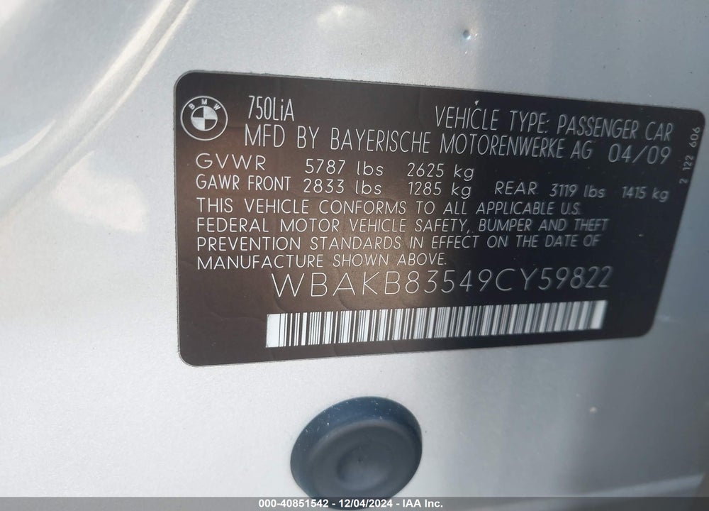 2009 BMW 750LI VIN: WBAKB83549CY59822