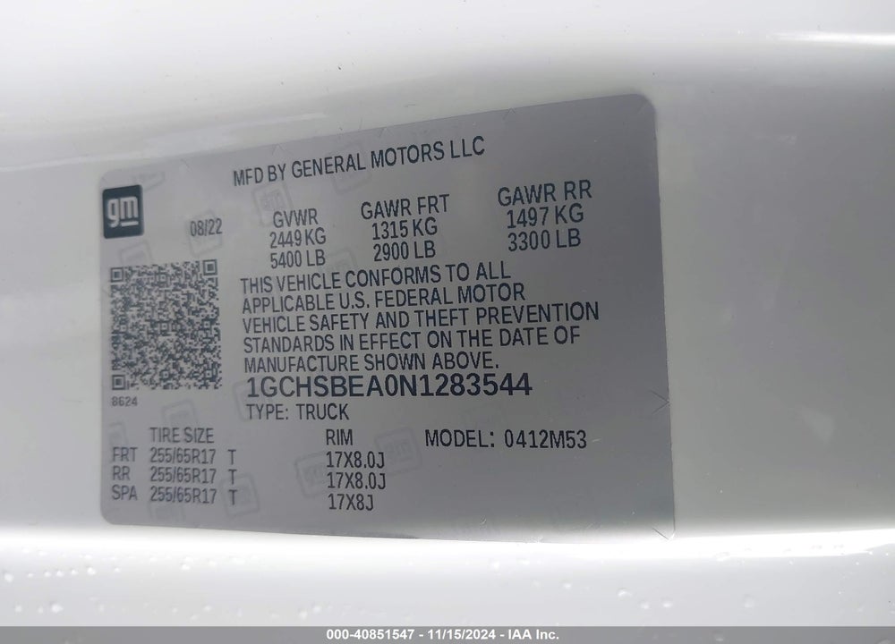 2022 CHEVROLET COLORADO 2WD LONG BOX WT VIN: 1GCHSBEA0N1283544