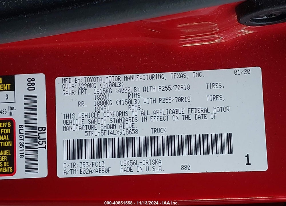2020 TOYOTA TUNDRA SR5 VIN: 5TFUY5F14LX918658