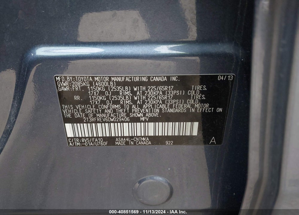 2013 TOYOTA RAV4 XLE VIN: 2T3RFREV6DW029406