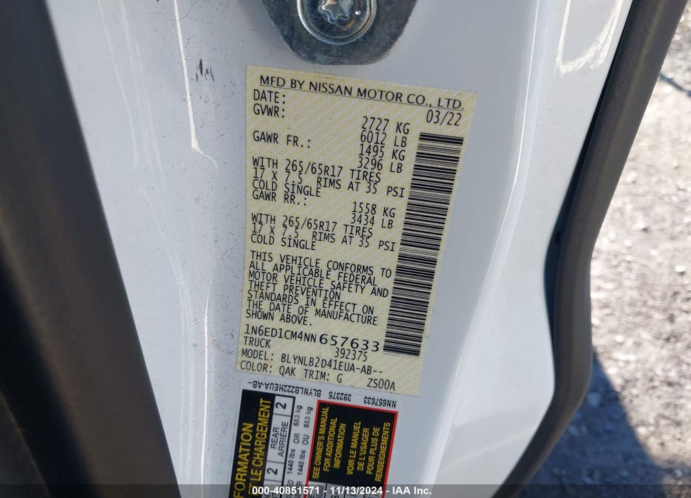 2022 NISSAN FRONTIER SV 4X4 VIN: 1N6ED1CM4NN657633