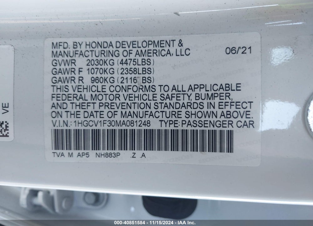 2021 HONDA ACCORD SPORT VIN: 1HGCV1F30MA081248