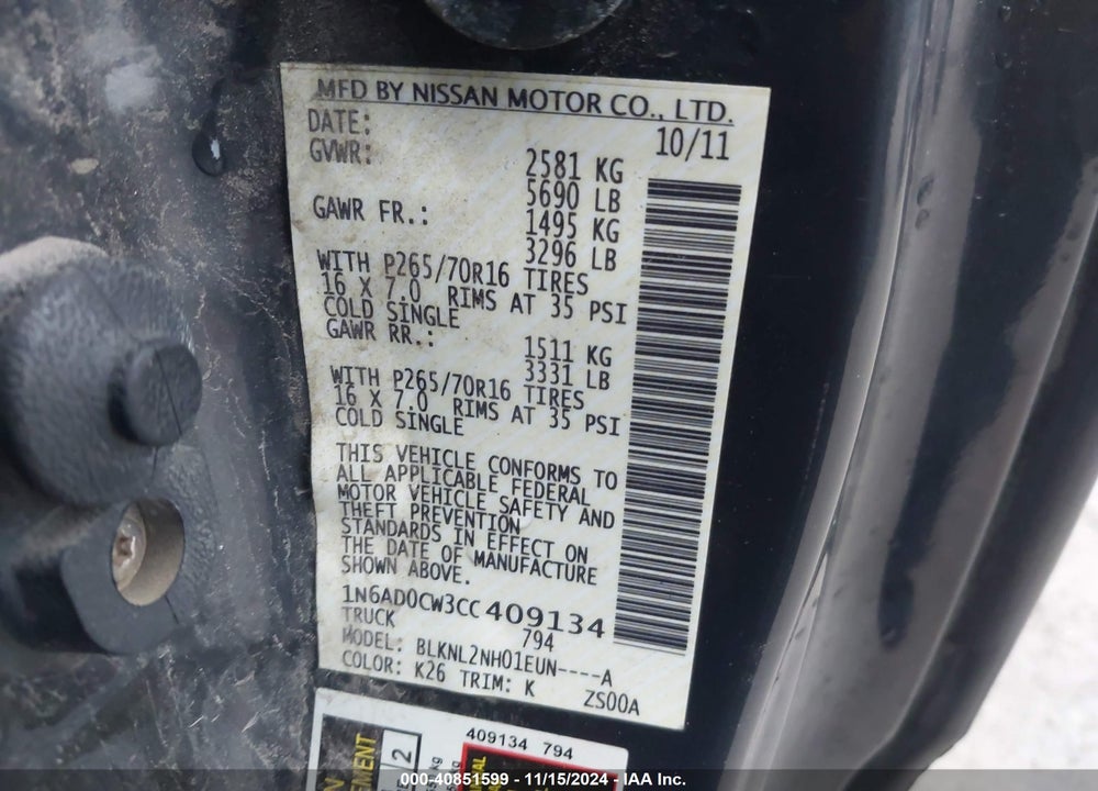 2012 NISSAN FRONTIER SV VIN: 1N6AD0CW3CC409134