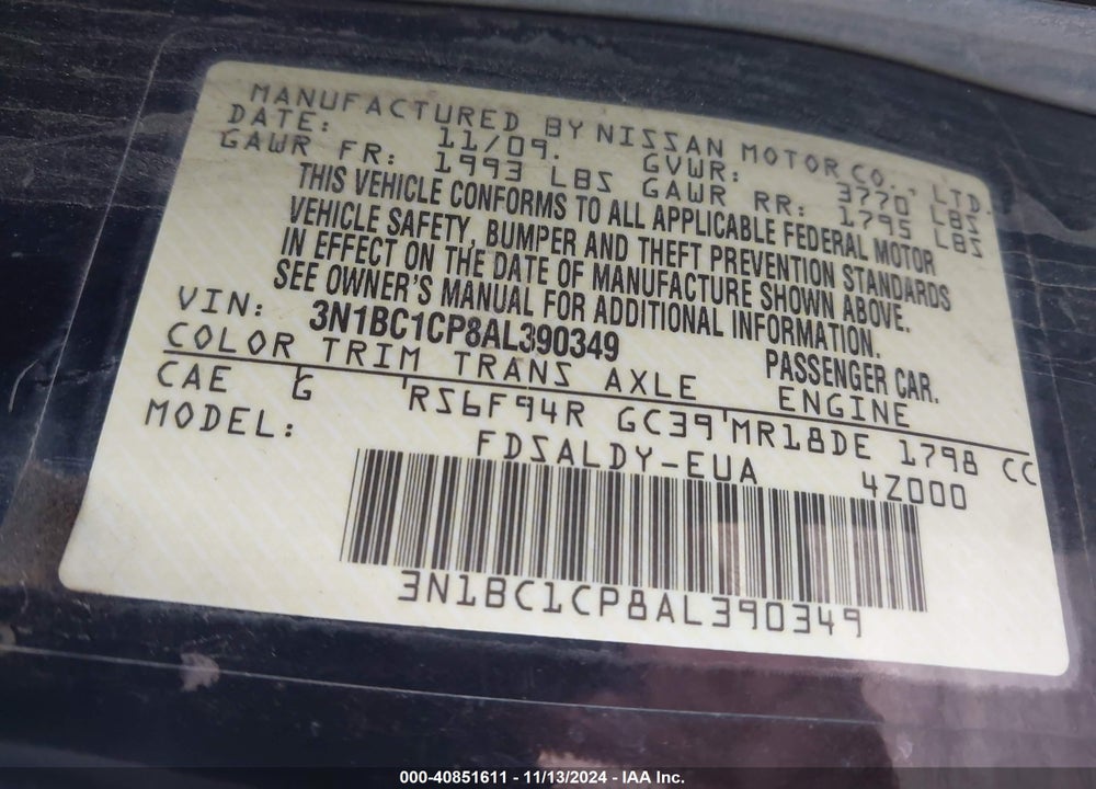 2010 NISSAN VERSA 1.8S VIN: 3N1BC1CP8AL390349