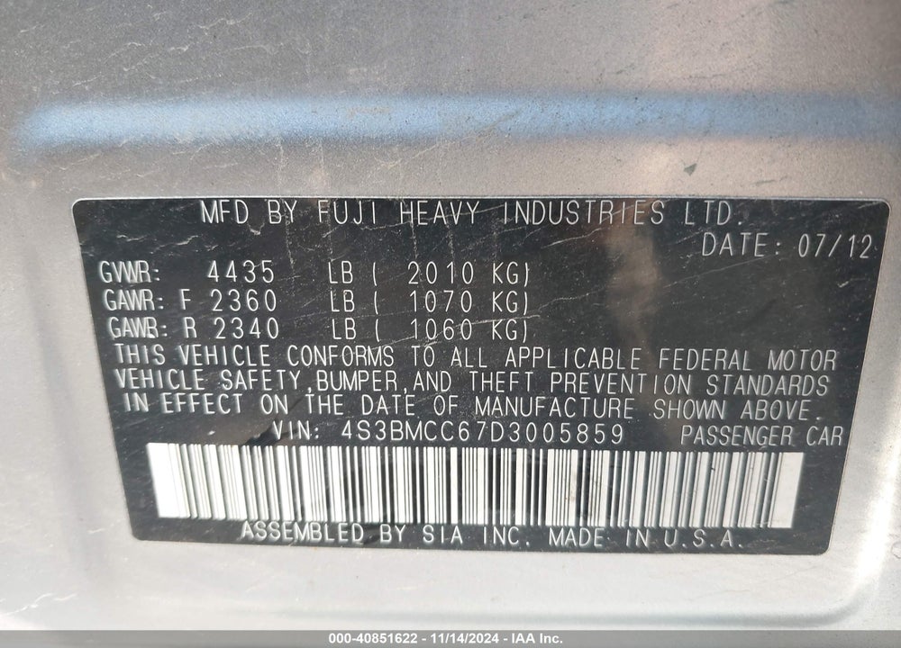 2013 SUBARU LEGACY VIN: 4S3BMCC67D3005859