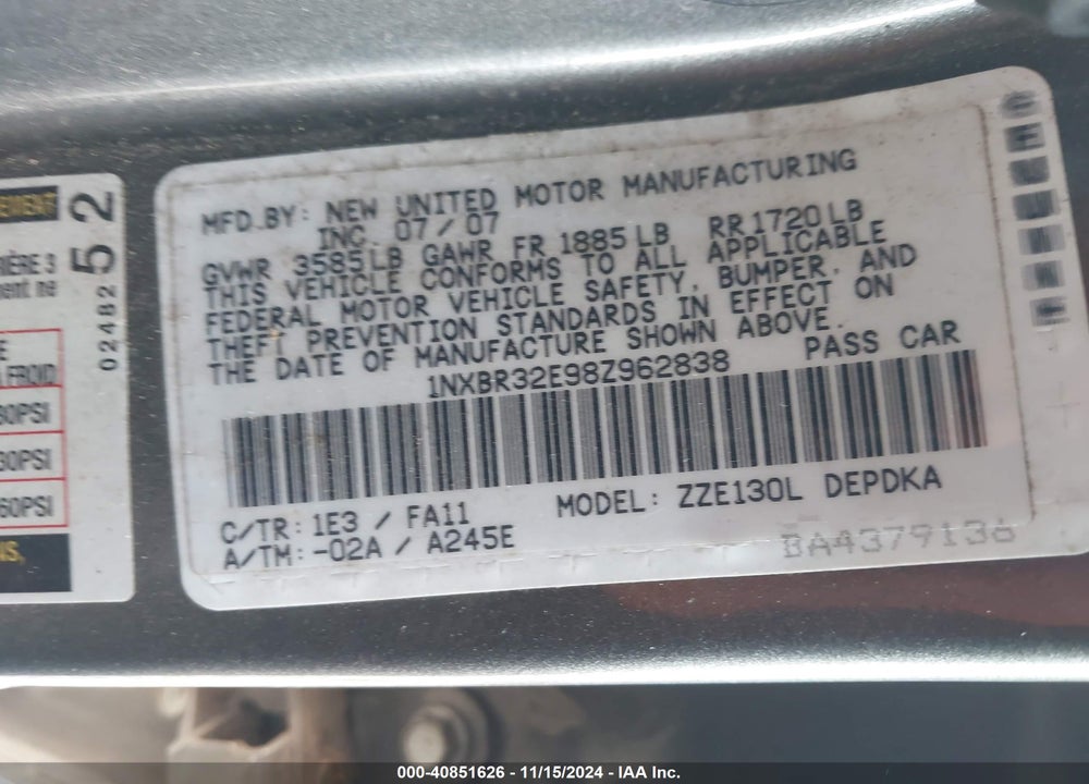 2008 TOYOTA COROLLA CE VIN: 1NXBR32E98Z962838