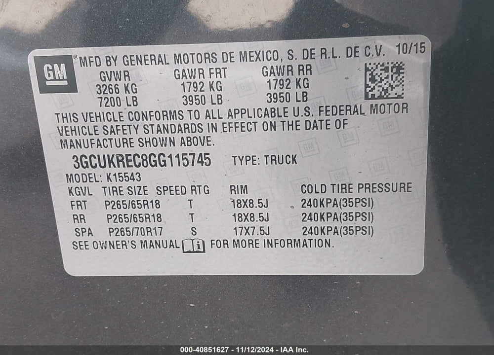 2016 CHEVROLET SILVERADO 1500 1LT VIN: 3GCUKREC8GG115745