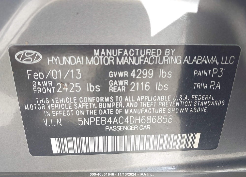 2013 HYUNDAI SONATA GLS VIN: 5NPEB4AC4DH686858