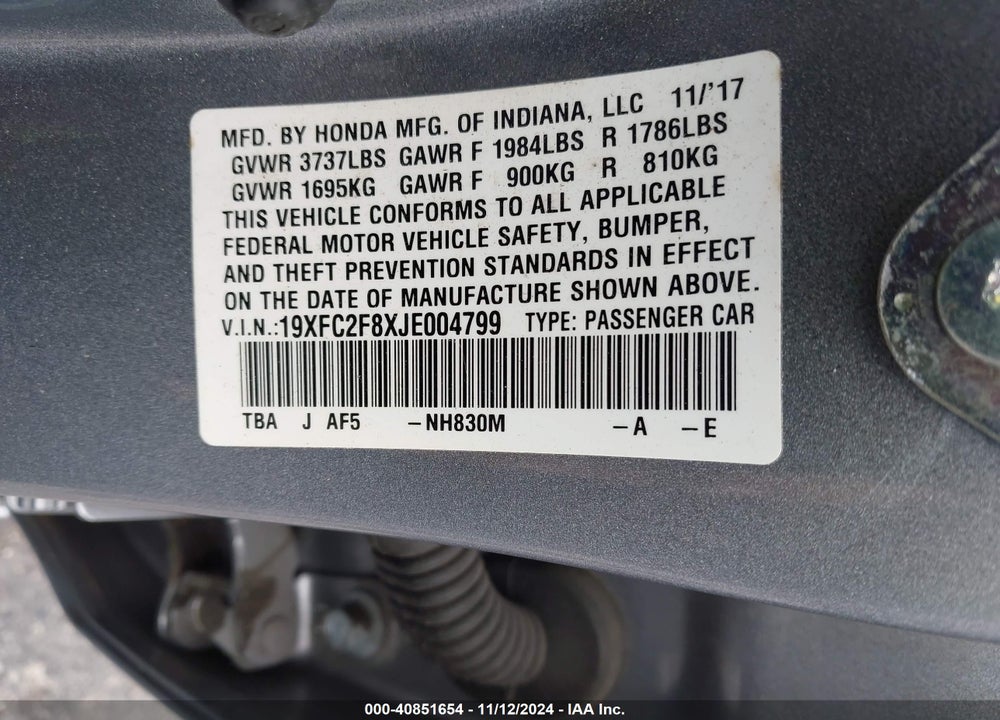 2018 HONDA CIVIC EX VIN: 19XFC2F8XJE004799