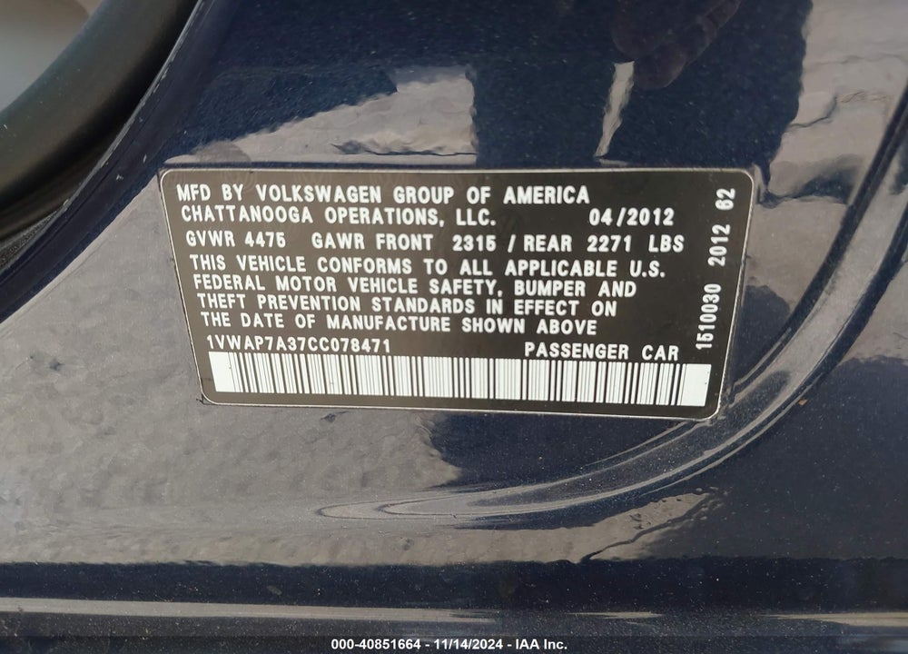 2012 VOLKSWAGEN PASSAT 2.5L S VIN: 1VWAP7A37CC078471
