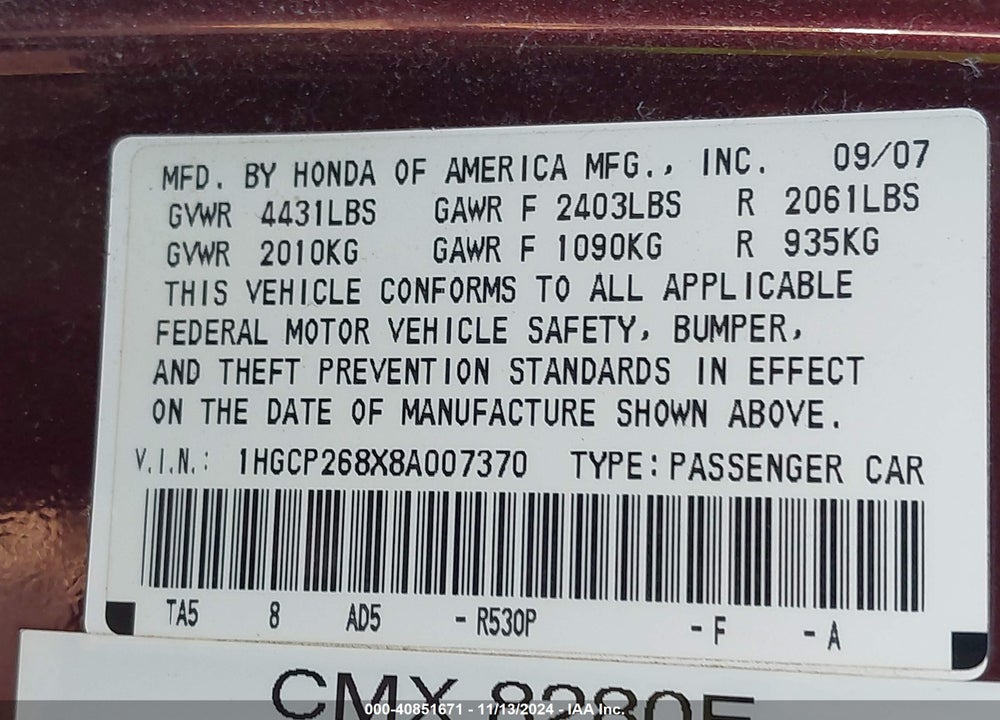 2008 HONDA ACCORD 2.4 EX-L VIN: 1HGCP268X8A007370