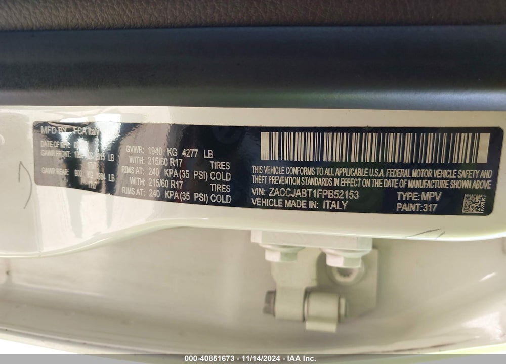 2015 JEEP RENEGADE LATITUDE VIN: ZACCJABT1FPB52153