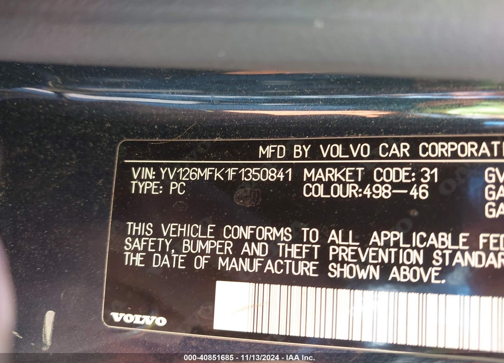 2015 VOLVO S60 T5 PREMIER VIN: YV126MFK1F1350841
