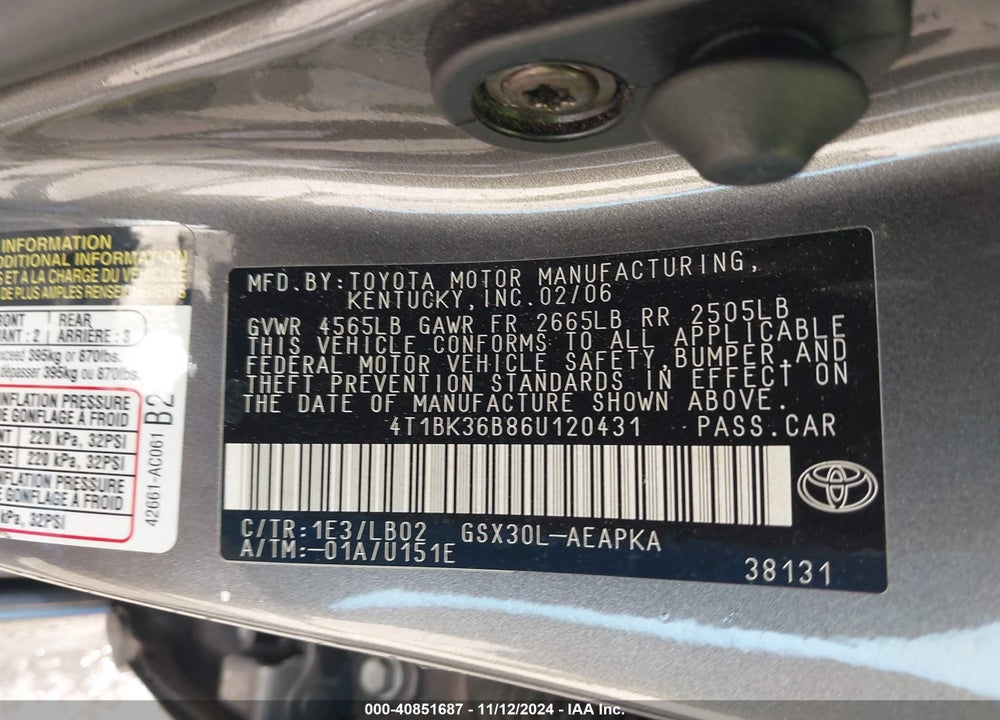 2006 TOYOTA AVALON LIMITED VIN: 4T1BK36B86U120431