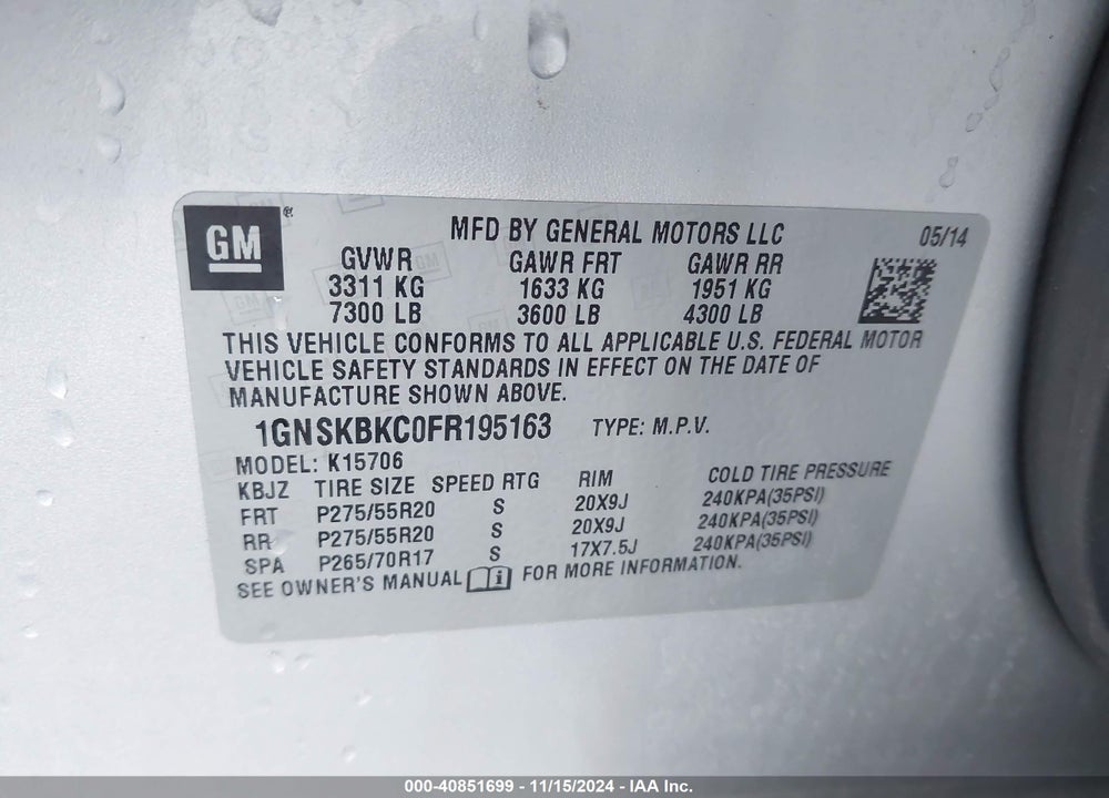 2015 CHEVROLET TAHOE LT VIN: 1GNSKBKC0FR195163