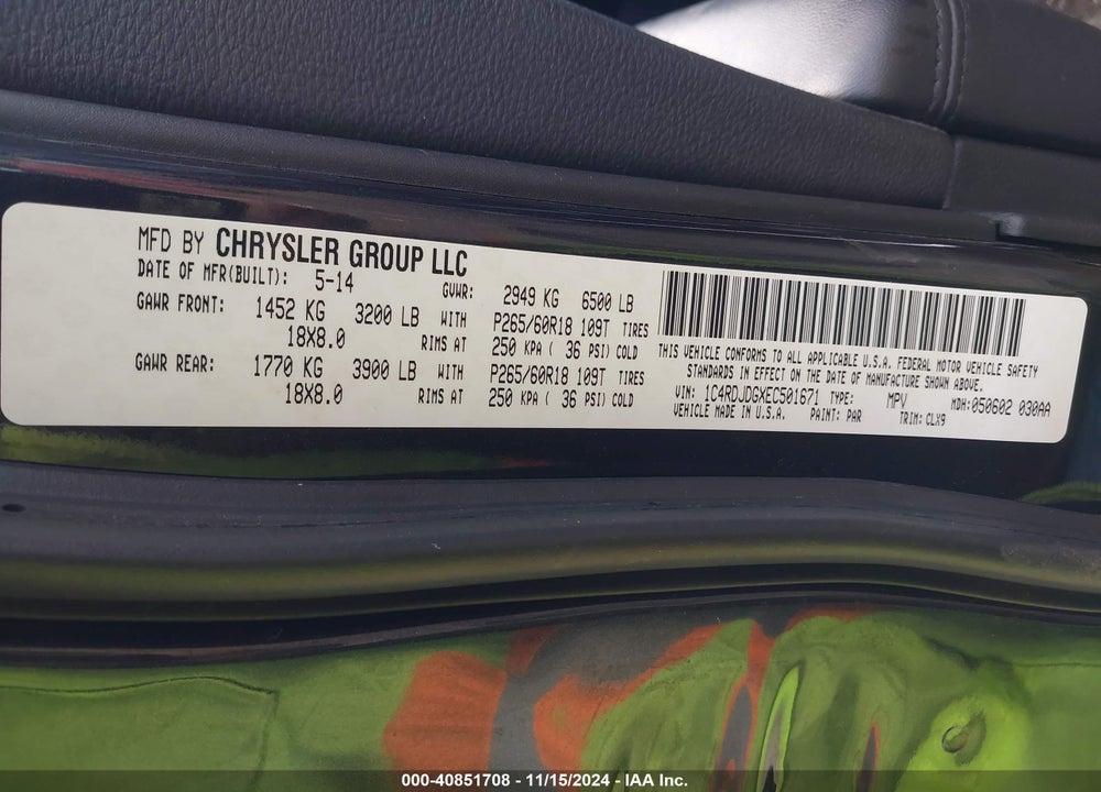 2014 DODGE DURANGO LIMITED VIN: 1C4RDJDGXEC501671
