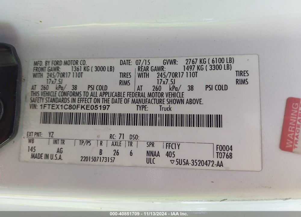 2015 FORD F-150 XL VIN: 1FTEX1C80FKE05197
