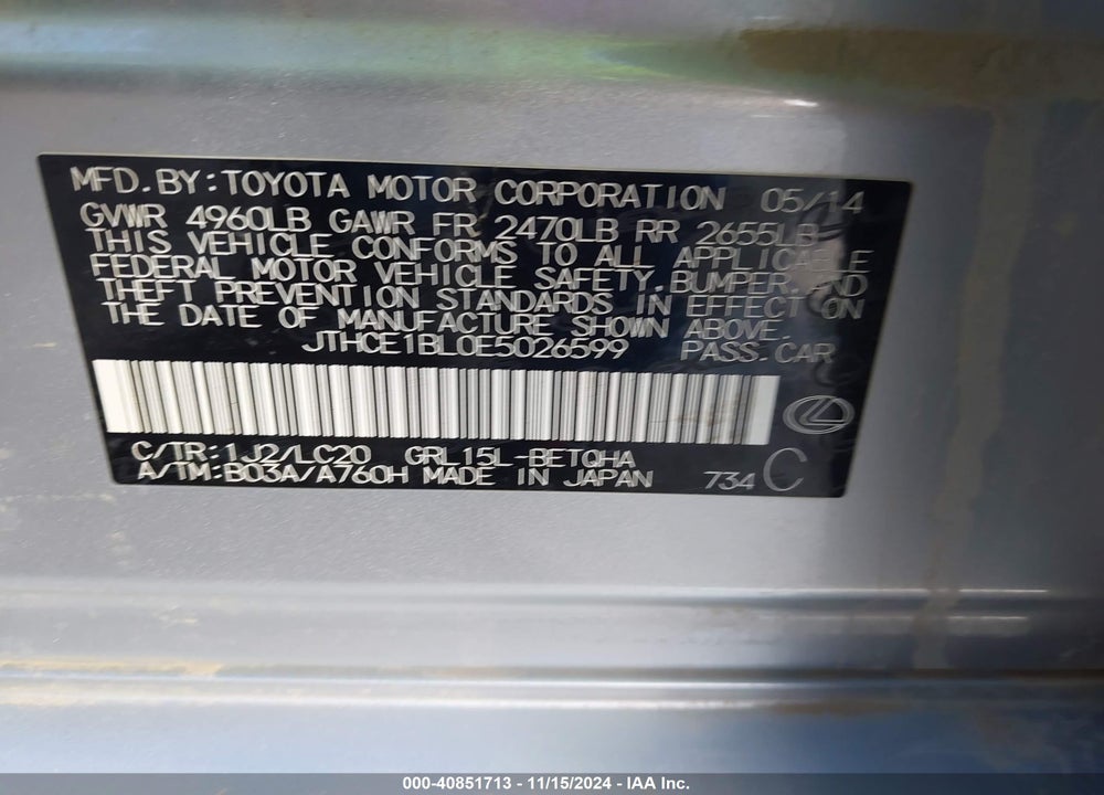 2014 LEXUS GS 350 VIN: JTHCE1BL0E5026599