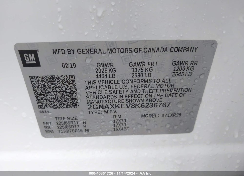 2019 CHEVROLET EQUINOX LT VIN: 2GNAXKEV8K6236767
