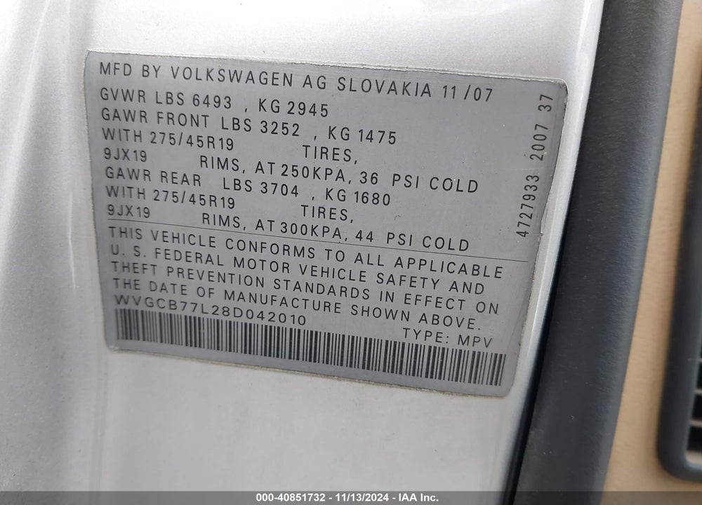 2008 VOLKSWAGEN TOUAREG 2 VIN: WVGCB77L28D042010