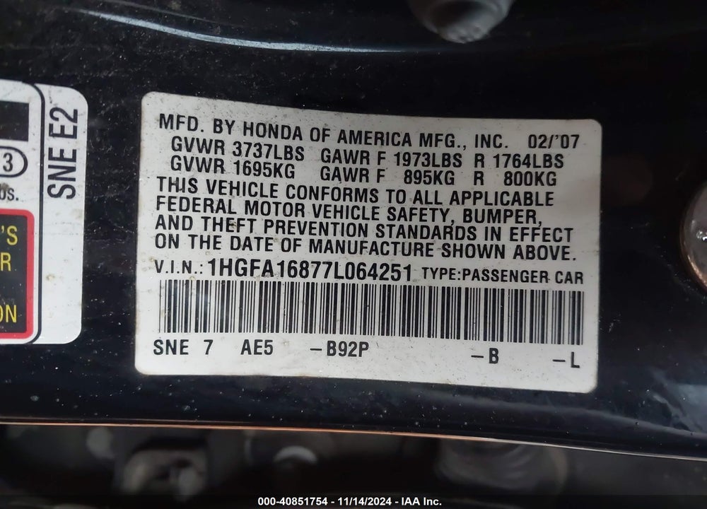 2007 HONDA CIVIC EX VIN: 1HGFA16877L064251