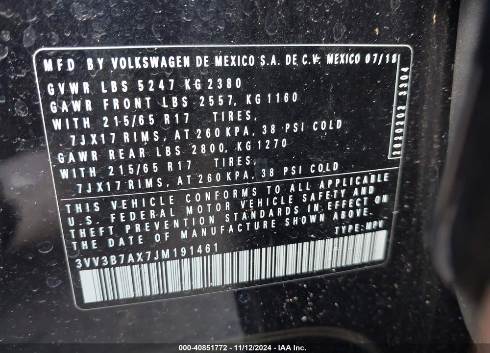 2018 VOLKSWAGEN TIGUAN 2.0T SE/2.0T SEL VIN: 3VV3B7AX7JM191461
