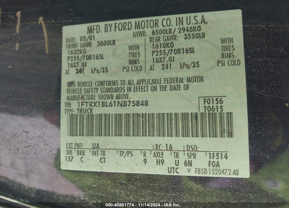 2001 FORD F-150 LARIAT/XL/XLT VIN: 1FTRX18L61NB75848