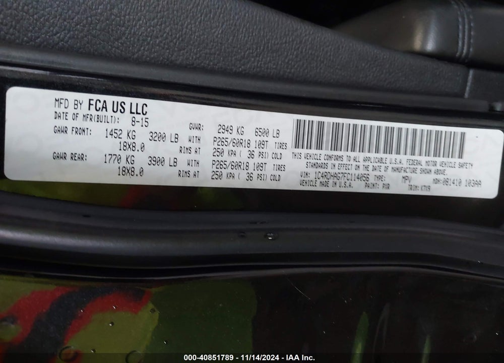2015 DODGE DURANGO SXT VIN: 1C4RDHAG7FC114056