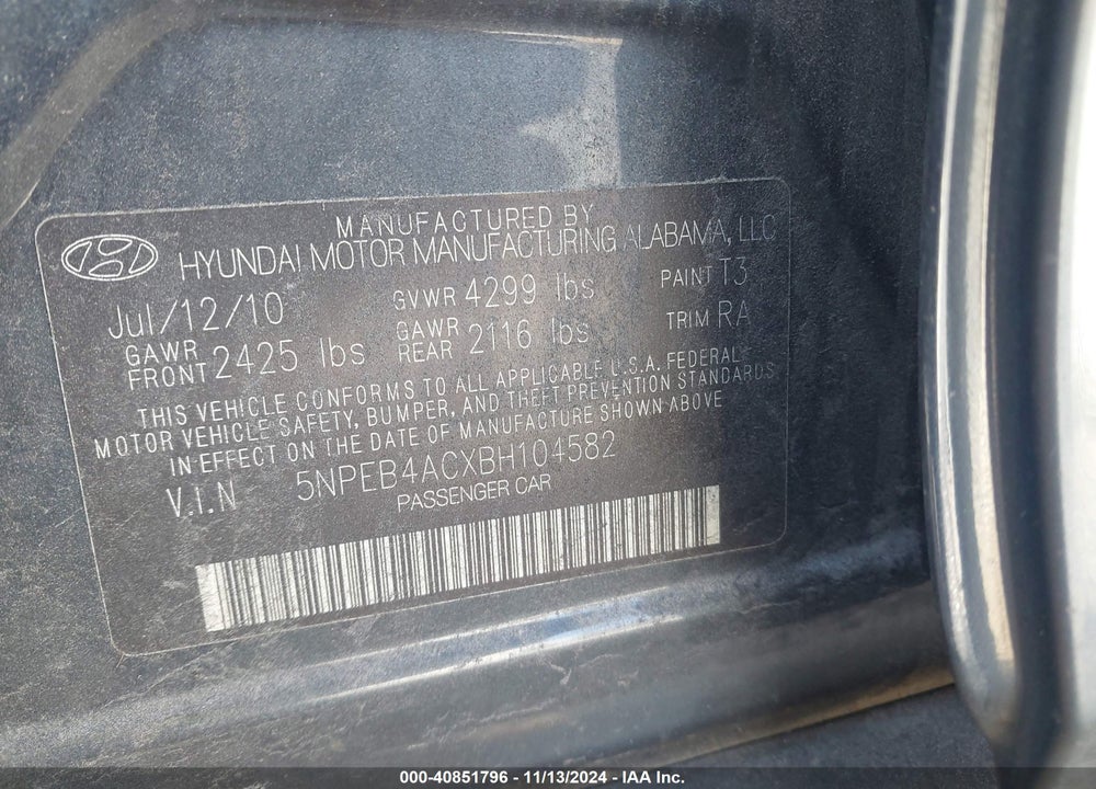 2011 HYUNDAI SONATA GLS VIN: 5NPEB4ACXBH104582