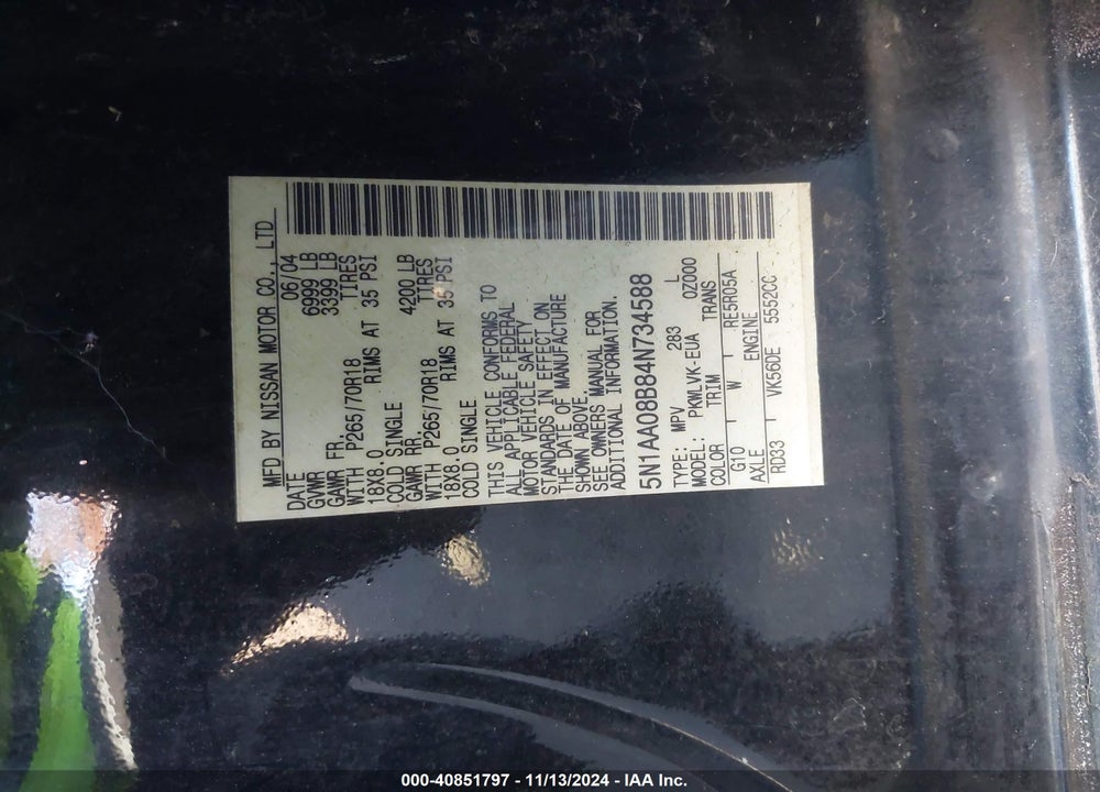 2004 NISSAN PATHFINDER ARMADA LE VIN: 5N1AA08B84N734588