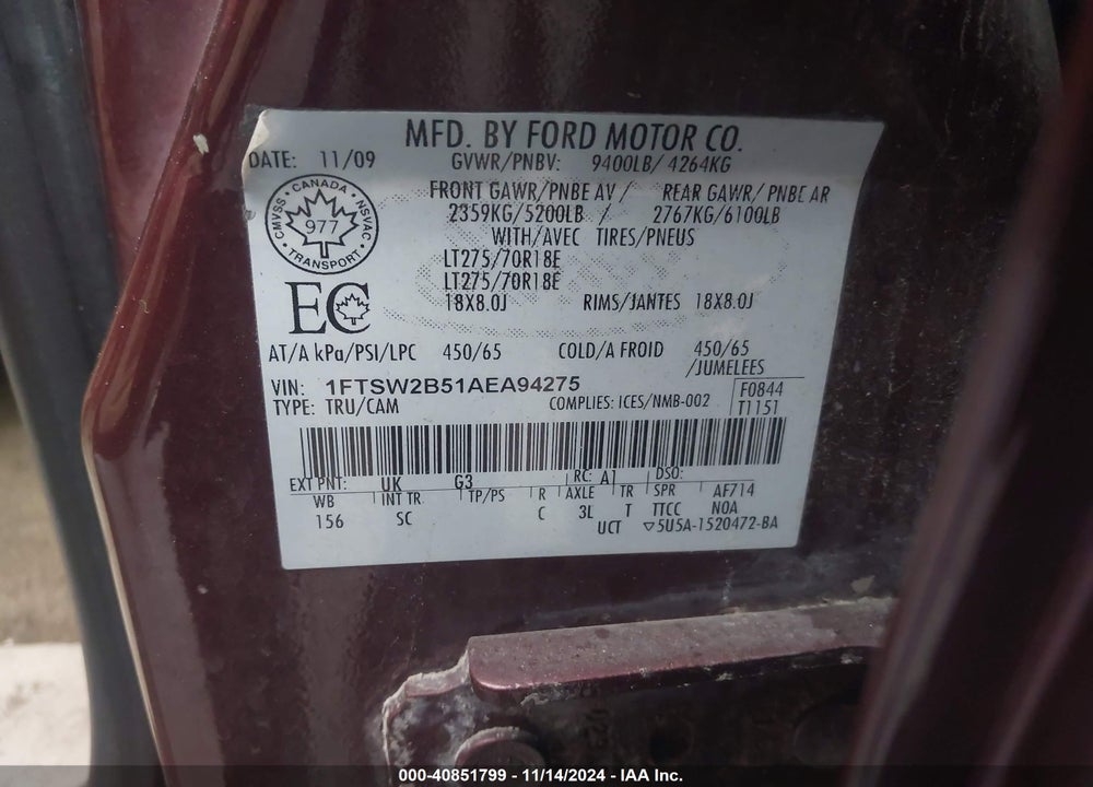 2010 FORD F-250 CABELA'S/KING RANCH/LARIAT/XL/XLT VIN: 1FTSW2B51AEA94275
