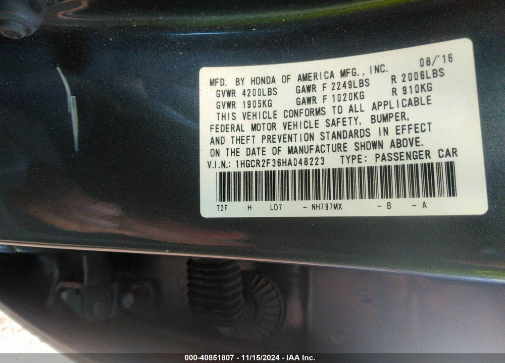 2017 HONDA ACCORD LX VIN: 1HGCR2F36HA048223