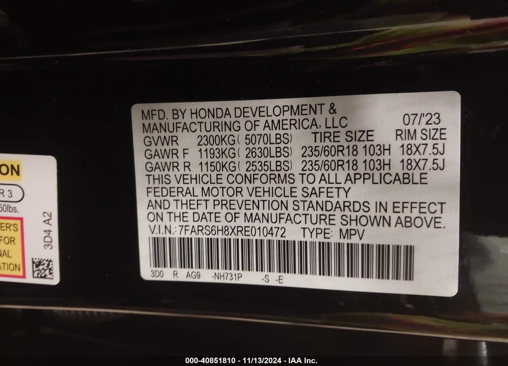 2024 HONDA CR-V HYBRID SPORT-L VIN: 7FARS6H8XRE010472