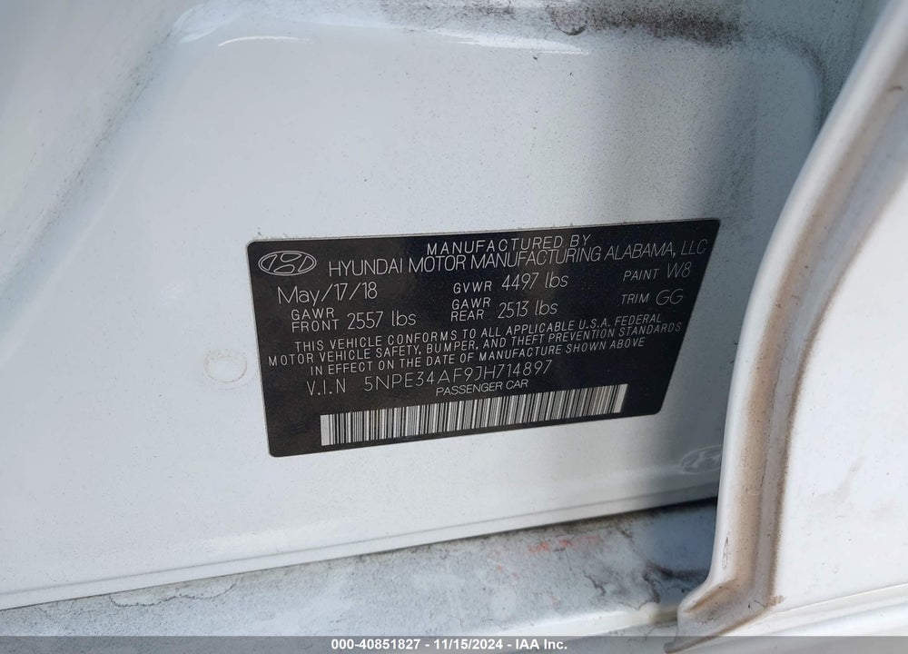 2018 HYUNDAI SONATA SEL VIN: 5NPE34AF9JH714897