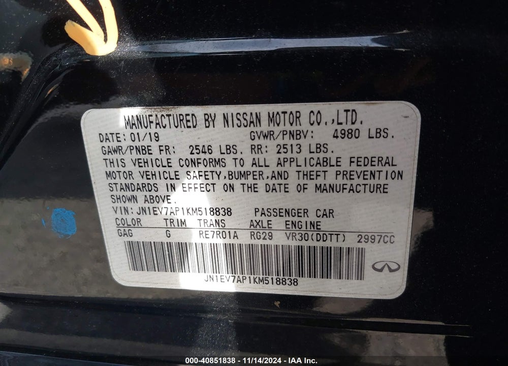 2019 INFINITI Q50 3.0T LUXE VIN: JN1EV7AP1KM518838