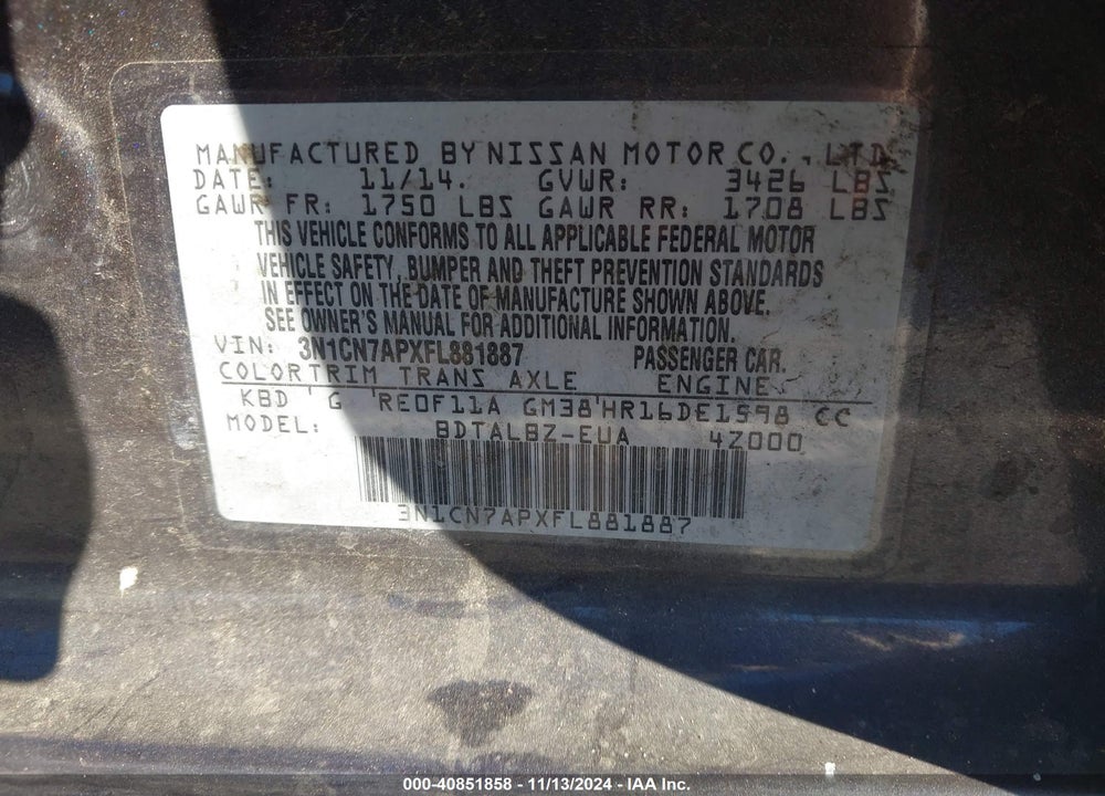 2015 NISSAN VERSA 1.6 SV VIN: 3N1CN7APXFL881887