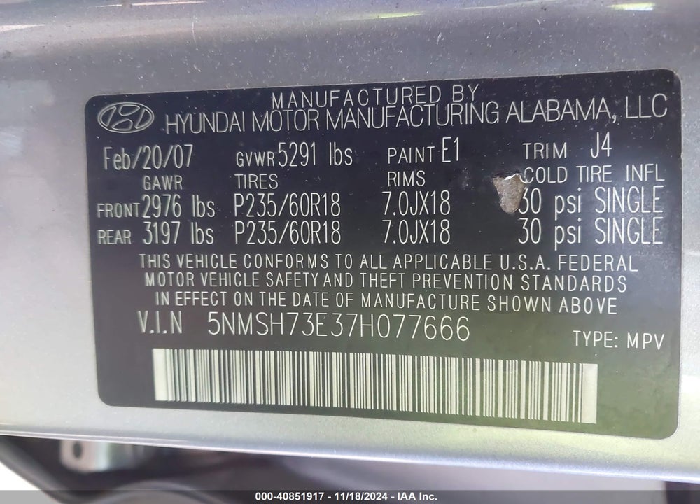 2007 HYUNDAI SANTA FE LIMITED/SE VIN: 5NMSH73E37H077666