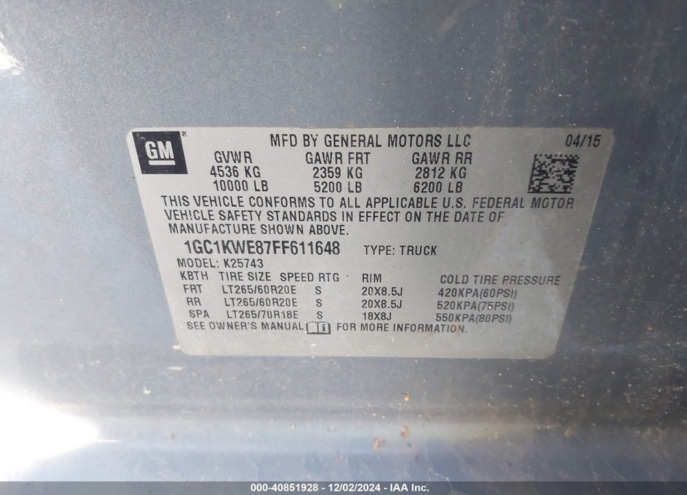 2015 CHEVROLET SILVERADO 2500HD LTZ VIN: 1GC1KWE87FF611648
