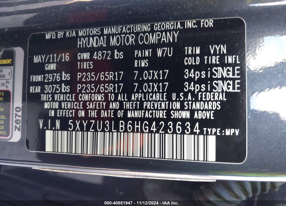 2017 HYUNDAI SANTA FE SPORT 2.4L VIN: 5XYZU3LB6HG423634