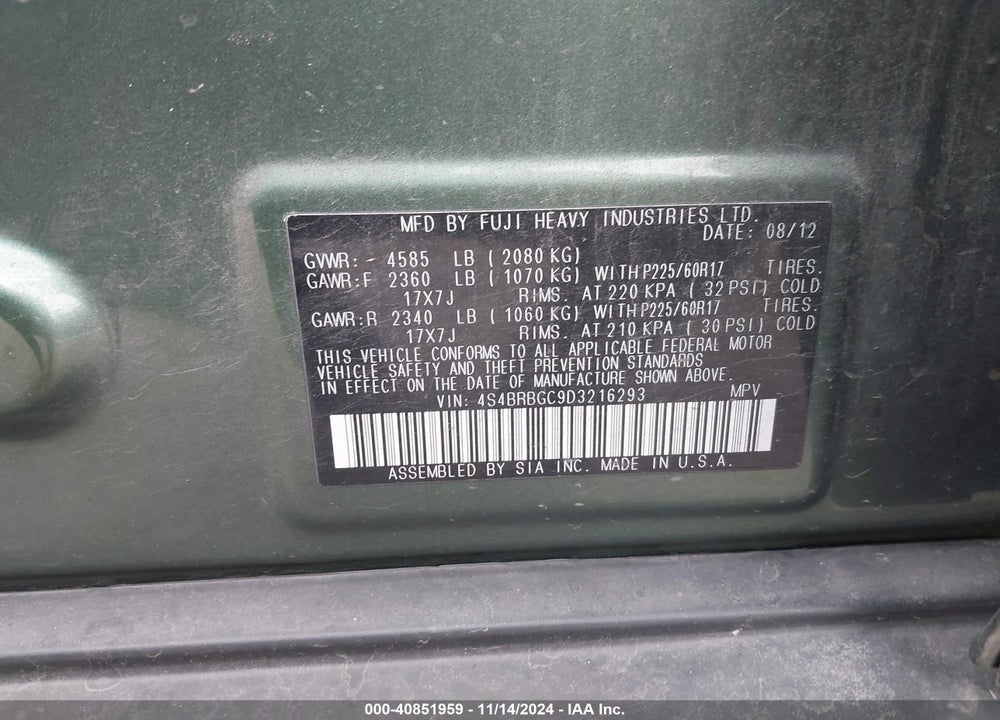 2013 SUBARU OUTBACK 2.5I PREMIUM VIN: 4S4BRBGC9D3216293