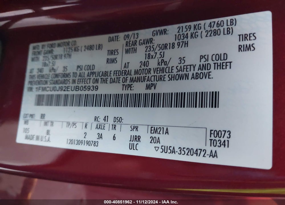 2014 FORD ESCAPE TITANIUM VIN: 1FMCU0J92EUB05939