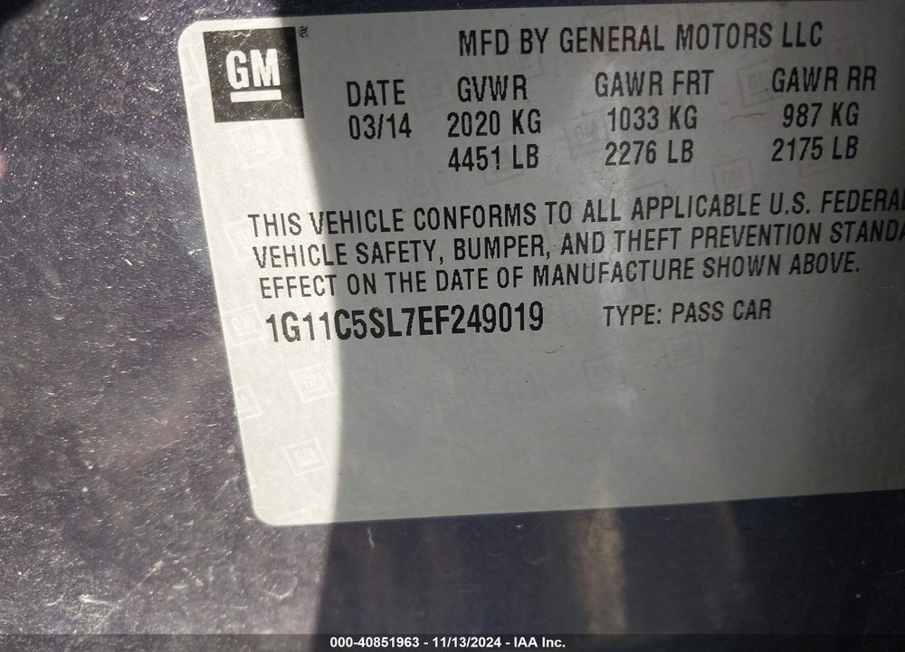 2014 CHEVROLET MALIBU 1LT VIN: 1G11C5SL7EF249019