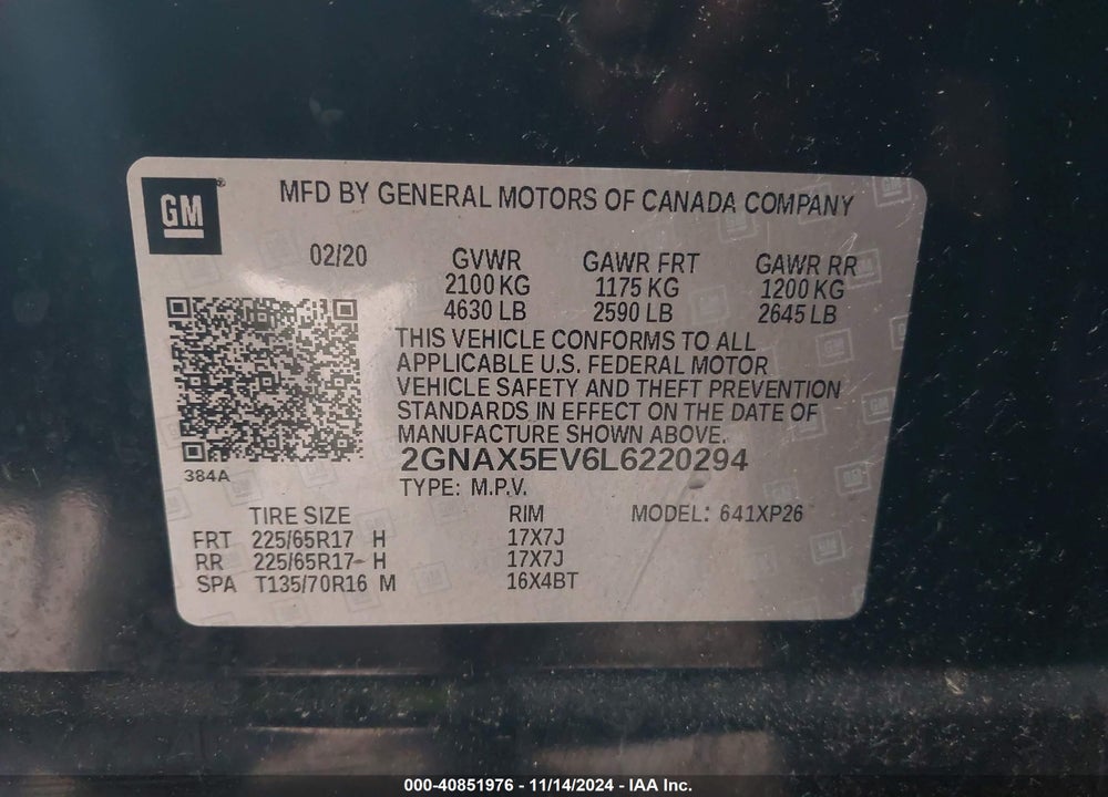 2020 CHEVROLET EQUINOX VIN: 2GNAX5EV6L6220294