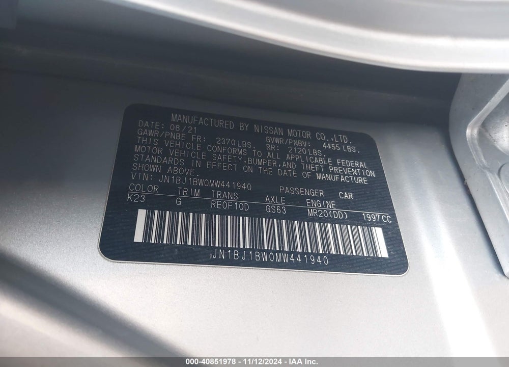 2021 NISSAN ROGUE SPORT SV AWD XTRONIC CVT VIN: JN1BJ1BW0MW441940