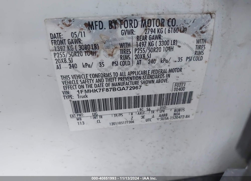 2011 FORD EXPLORER LIMITED VIN: 1FMHK7F87BGA72967